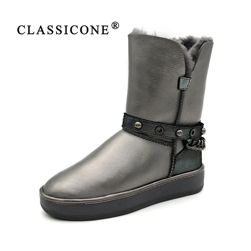 CLASSICONE 2017 women's boots winter shoes flats Genuine leather black gray Silver wool Fur snow boots brand fashion ankle boots