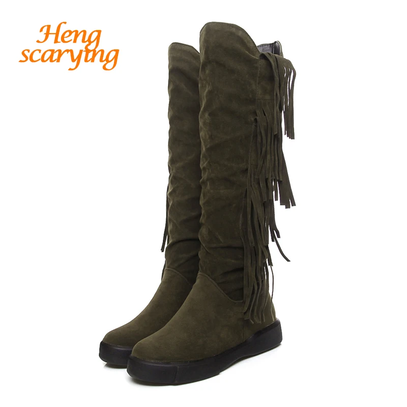 

2018 Women Knee High Long Fringe Fenty Boots Winter Snow Boots Female Warm Rubber Plus Size Girls Suede Flats Velvet Green Shoes