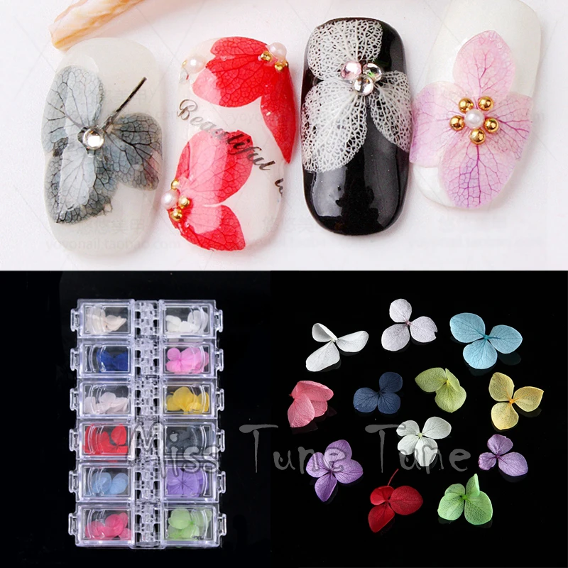 

12 Colors Dried Flower Real Hydrangea 3D Vivid Flower Petal Natural Floral Nail Art Tips Decoration