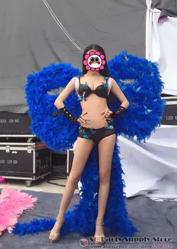 

Costumed luxury Blue feather wings +tail for Automobile Exhibition stage performance Display shooting props EMS free shipping