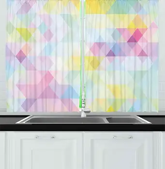 

Abstract Kitchen Curtains Geometrical Vibrant Rainbow Themed Pastel Colored Rhombus Pattern Hipster Style Window Decor Panels