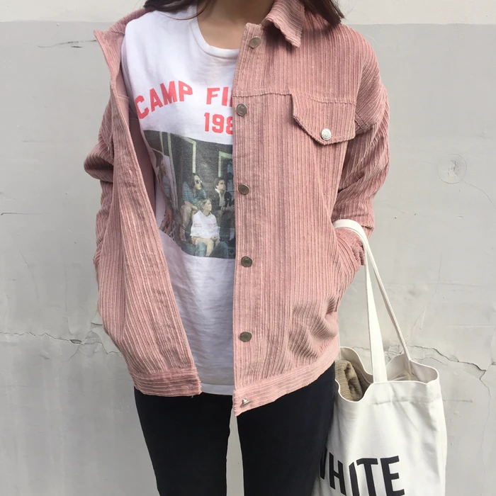 buy  Short Design College Wind Loose Causal Solid Corduroy Long Sleeve Female Jackets