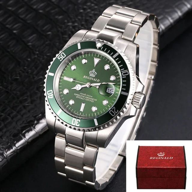 Реджинальд часы для мужчин вращающийся ободок GMT сапфировое стекло 50 м воды полный сталь Спорт Мода синий циферблат Кварцевые часы Reloj Hombre - Цвет: green Box