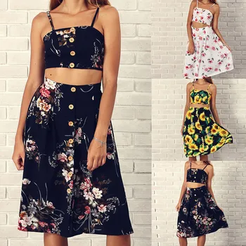 

Fashion Boho Style Floral Prints Cami Cropped Top Mini Skirt Set Summer Beach Women's Set Button Up Halter Tube Top A-line Skirt