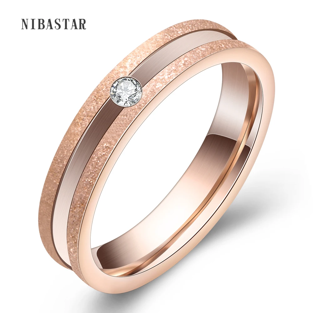 Valentines Gift Rose Gold-Color Stainless Steel 4mm Fine Pave Setting Cubic Zircon Wedding Rings Size 6-9 wedding rings finger rings fashion rings zircon rings fashion ring crystal rings stainless steel rings metal rings stone rings gold rings