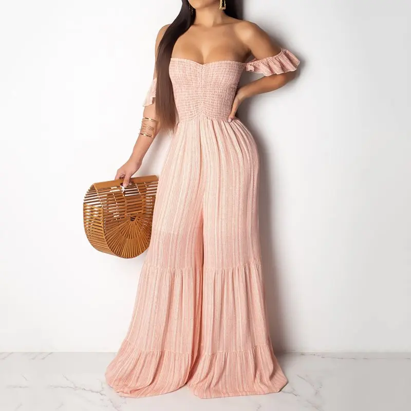 

Off Shoulder Sexy Jumpsuit Women Stripe Sweet Flare Pants Backless Party Elegant Long Jumpsuits Summer Fashion Pleated Rompers