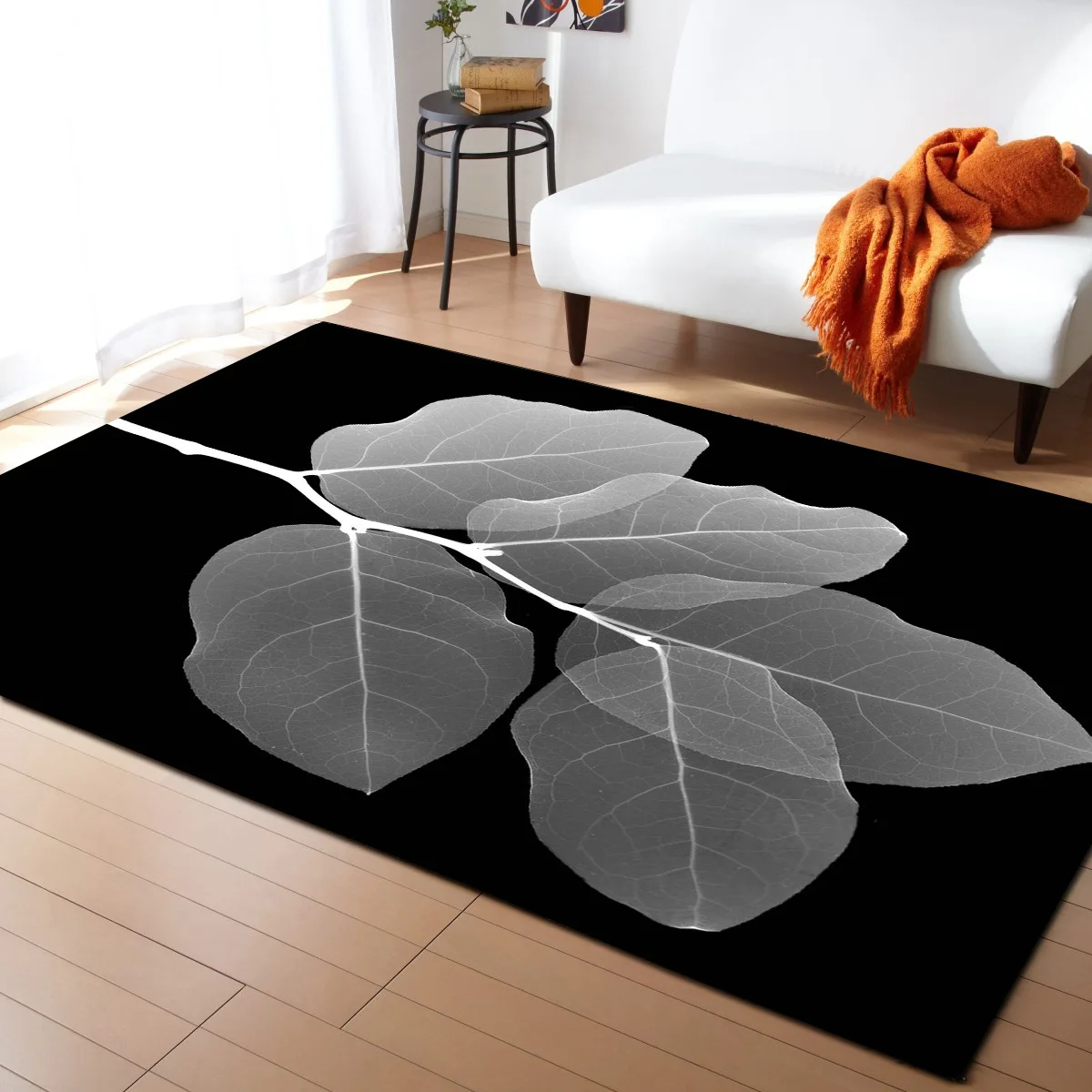 DeMissir 3D Leaves Black Rectangle Large Living Room Carpet tapetes