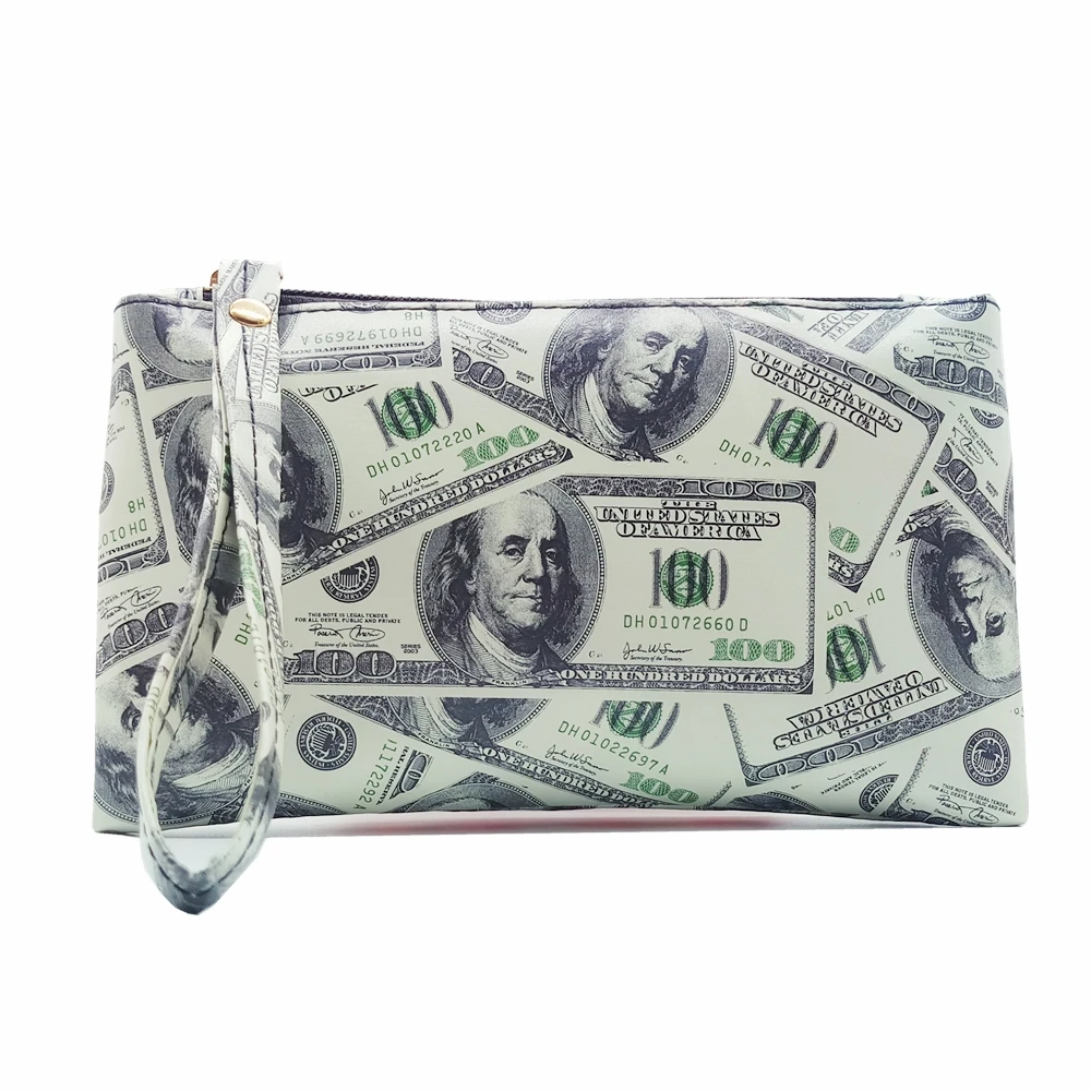 

2018 New Fashion Dollar Bill Pattern Men Women Wallets PVC Leather Bag Zipper Small Clutch Coin Purses Phone Wristlet Handbags