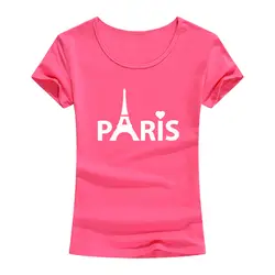 Модные женские туфли 2017 г. Футболка короткий рукав Париж башня печати футболки для девочек летние хлопковые топы тройники Повседневное