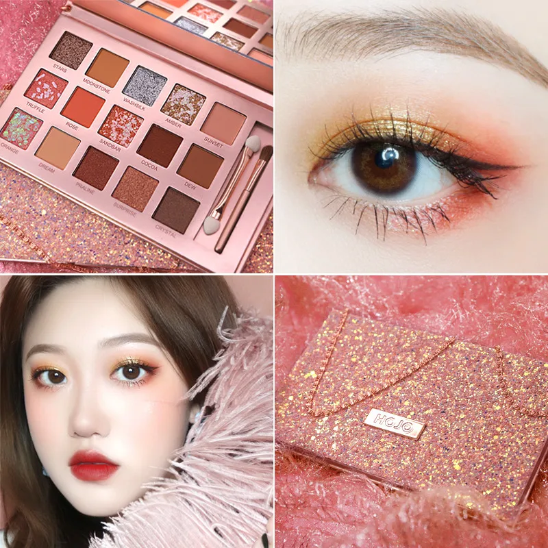 HOJO 15Color Nude Matte Eye Shadow Palette Chain Look Loose Pressed Glitter Shiny Powder Eyeshadow Shimmer Makeup Kit with Brush