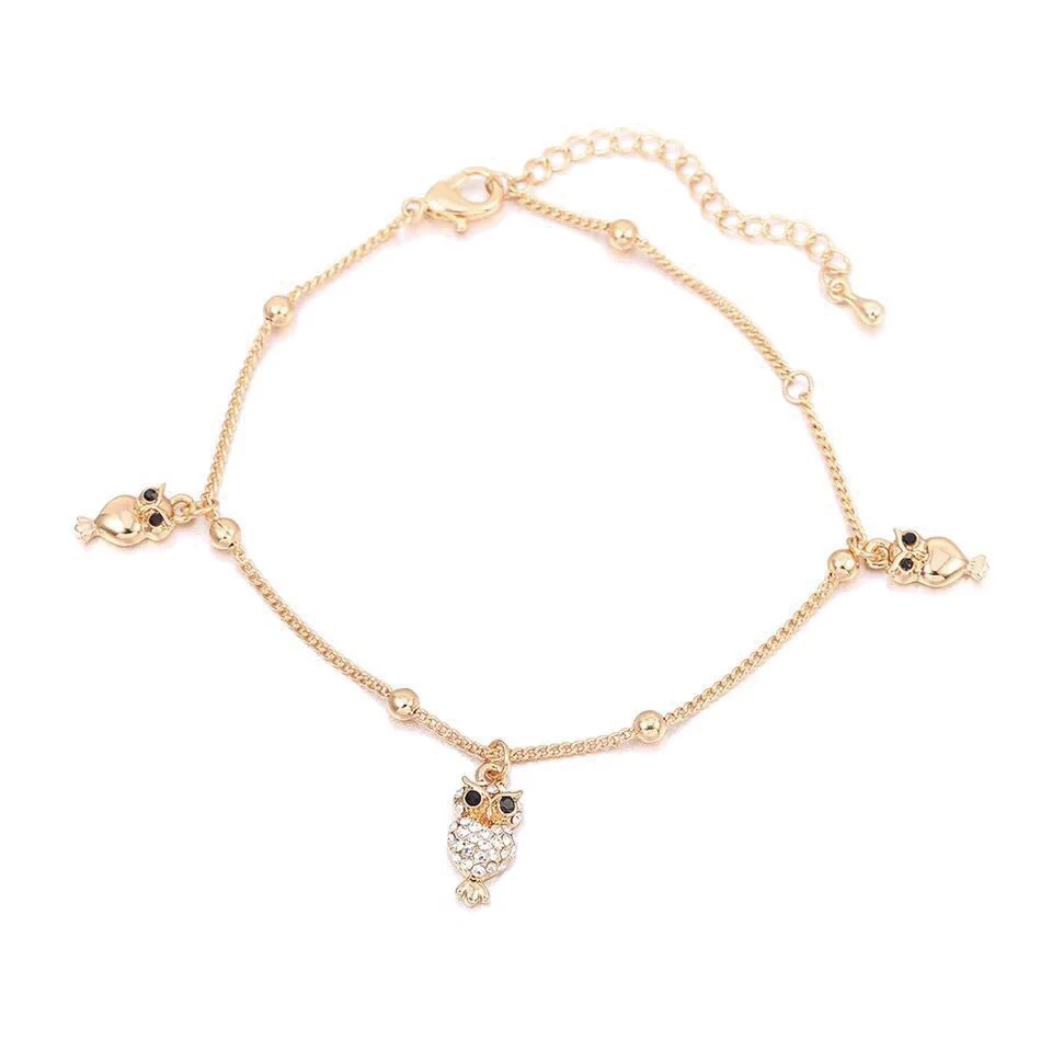 

MxGxFam ( 22 cm +6cm ) Fashion Animel Owl Crystal Charms Summer Anklet Bracelets For Women Gold Color 18 k / White