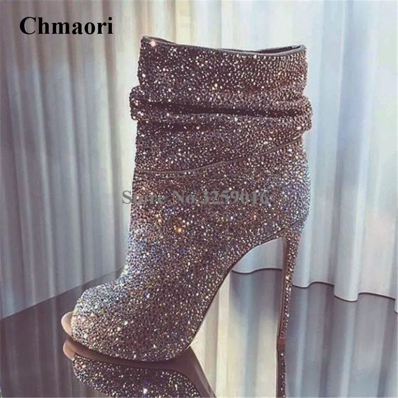 

Women Luxury Bling Bling Peep Toe Rhinestone Slip-on Short Gladiator Sandals Crystal Thin Heel Gold Silver Heel Ankle Booties