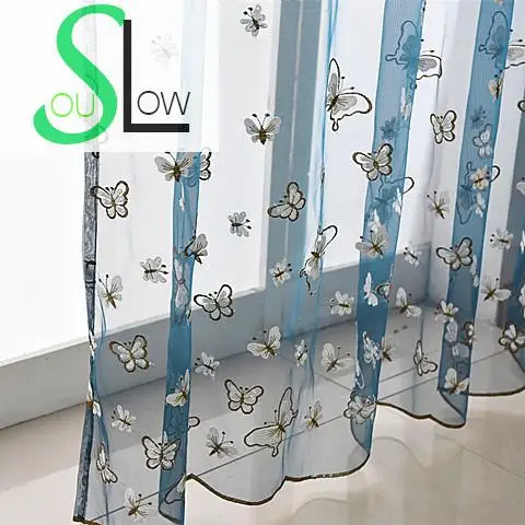 Slow Soul Blue Butterfly Embroidered Curtain Bedroom Pastoral Curtains Cortinas For Living Room Cortina Kitchen Tulle Sheer