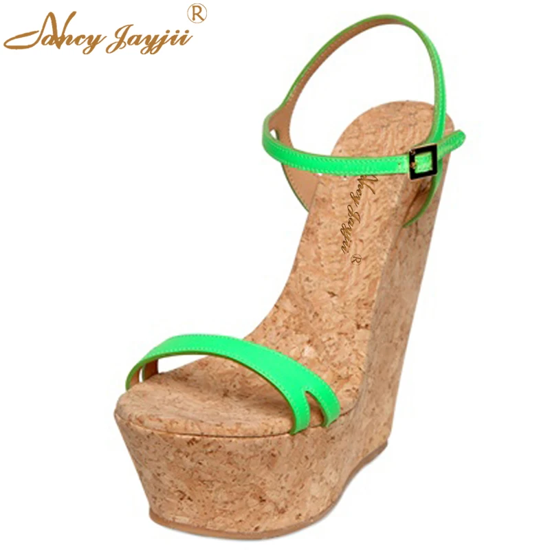 

Wedges Platform Sandals Green Pink Cork Pattern Custom Shoes Womens Holiday Super High Heels Dress Party Hot Plus Size 45 Summer