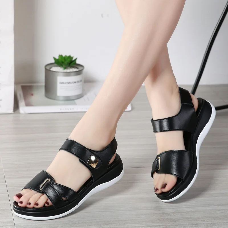 Women Genuine Leather Shoes Sandals Flats Soft Hook Loop Korean Bling Summer Beach Size 35-40