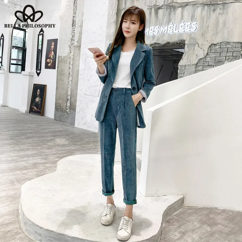 Wonder 2018 new warm jacket high street single breasted corduroy blazer pants office lady long sleeve ladies coat ladies suits