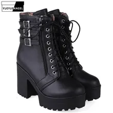 Уличная обувь в Корейском стиле; Цвет Черный; Модные ботильоны на молнии с пряжкой; Женская Осенняя обувь на платформе со шнуровкой; chaussures femme; обувь в байкерском стиле