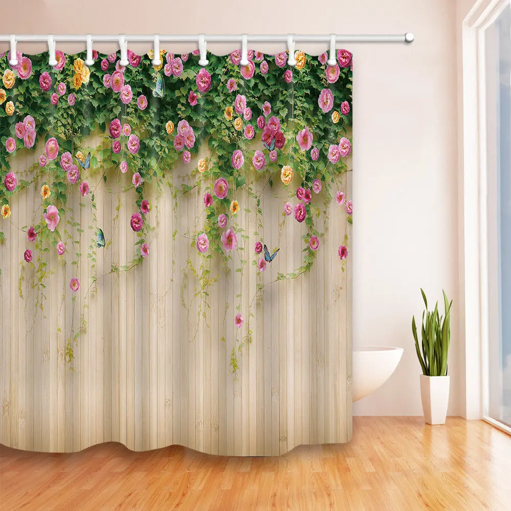 Flowers Butterfly Leaves On Wooden Bathroom Shower Curtain Polyester ...