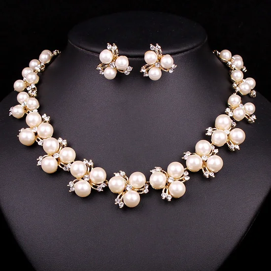 New Fashion Women Pearl Necklace Earring Set Gold Plating Wedding New Fashion Women Pearl Necklace Earring Set Gold Plating Wedding Bridal Jewelry For Brides Bridesmaids