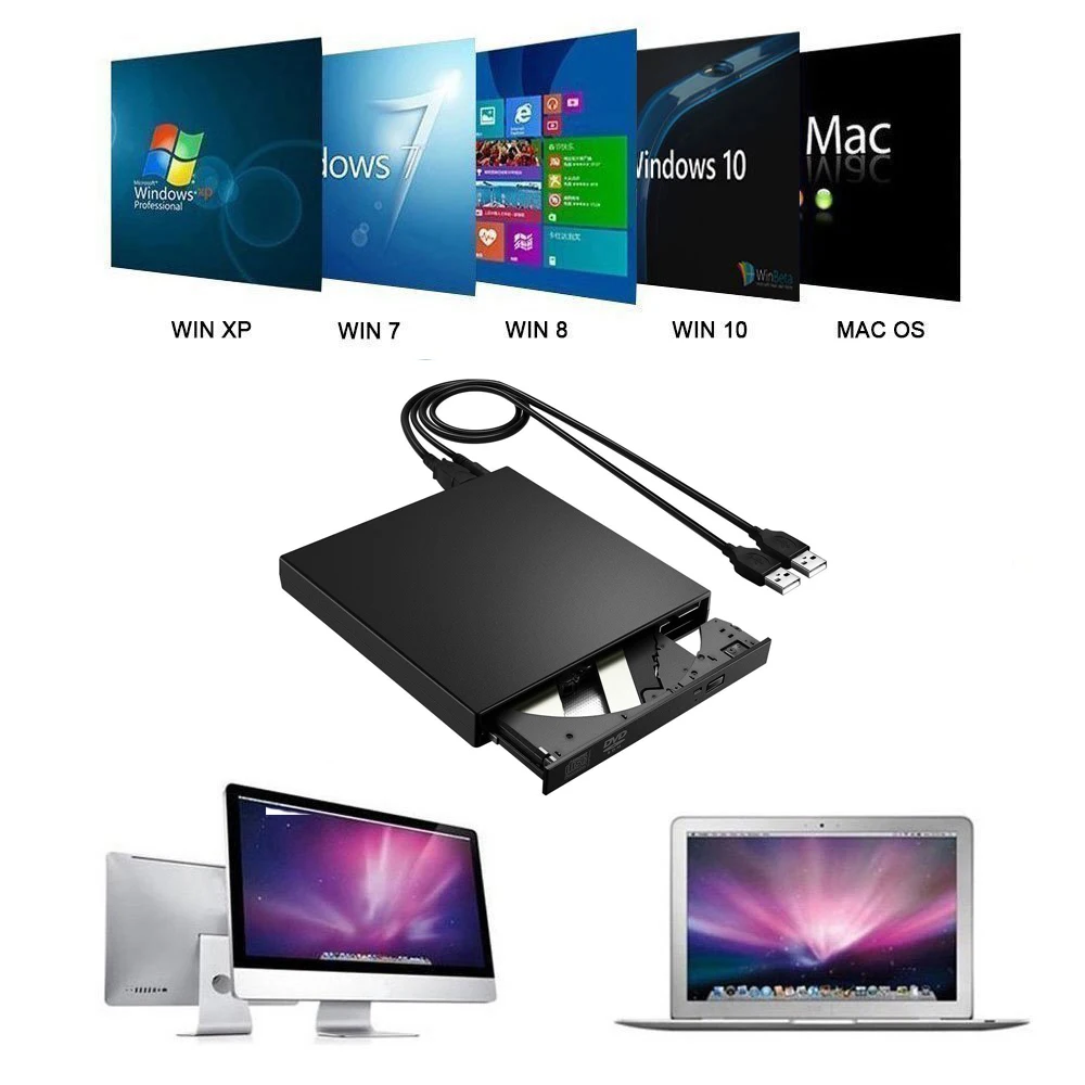 Внешний USB DVD накопитель для Toshiba Acer Lenovo ноутбук ПК Win XP/7/8/10 Super Multi 8X RW 24X CD