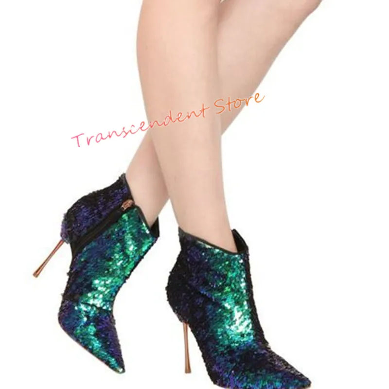 New Arrival Women High Heels Ankle Boots Fashion Solid Sequined Cloth Zipper Shoes Women Pointed Toe Spring Autumn Sexy Boots