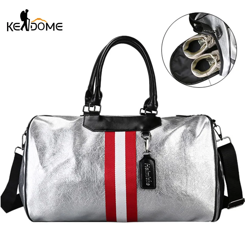 

Silver PU Leather Gym Bag Fitness Women Traveling Tote Handbag Men Shoulder Crossbody Bags Luggage for Shoes Duffle Blaso XA128D