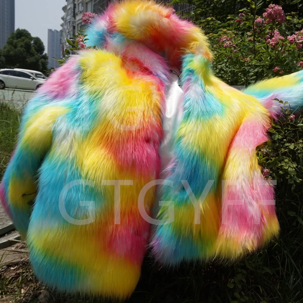 GTGYFF Cosmic Rainbow фестиваль Единорог красочные искусственный мех блестящее пальто с капюшоном костюм для вечеринки космический костюм диско куртка пальто