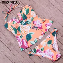 SUNRAINBOW 2017 New Printed Floral Swimsuit Women Swimwear Two Pieces Bikini Summer Halter Top Vintage Tankini Bathing Suit Swim