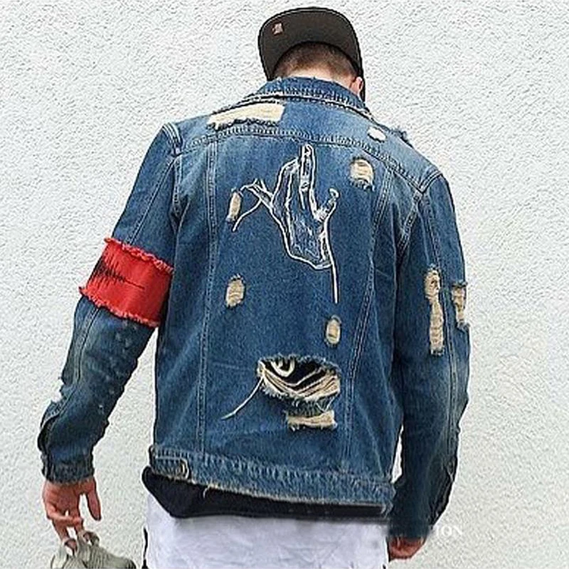 New Gesture Embroidery Front Zipper Destroyed Jeans Jacket Hi Street Men High Street Ripped