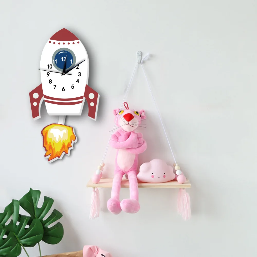 Cartoon Rocket Children Pendulum Clock Fancy Wall Clock 3D PVC Foam Sticker Quartz Quiet