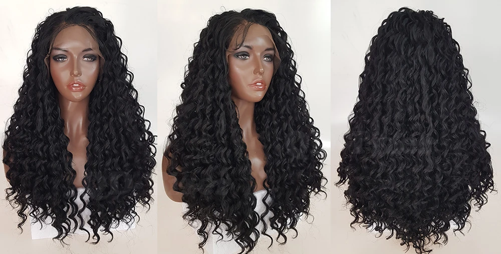 QD-Tizer Black Color Kinky Curly Lace Front Wigs Glueless with Baby Hair Synthetic Lace Front Wig for Black Women5