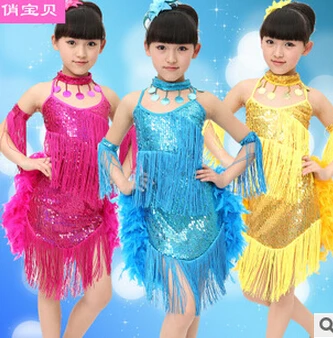 

Hot selling Stage performance rosy yellow blue rumba latin dance dress tango samba 120-160cm professional girl child costume