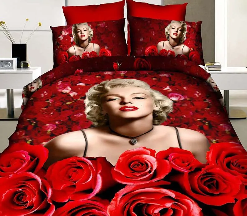 

high quality 100%cotton luxury red rose Marilyn Monroe bed sheet set bedclothes quilt cover set bedding set D-90