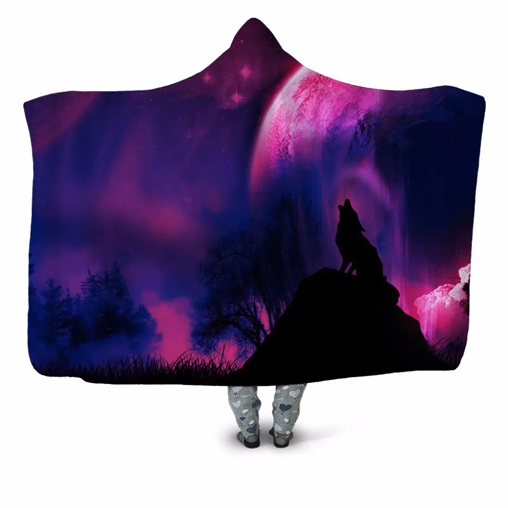 2019 Purple Galaxy Wolf 3d Print Plush Hooded Blanket For Youth Children Warm Wearable Fleece Throw Home Office Washable | Дом и сад