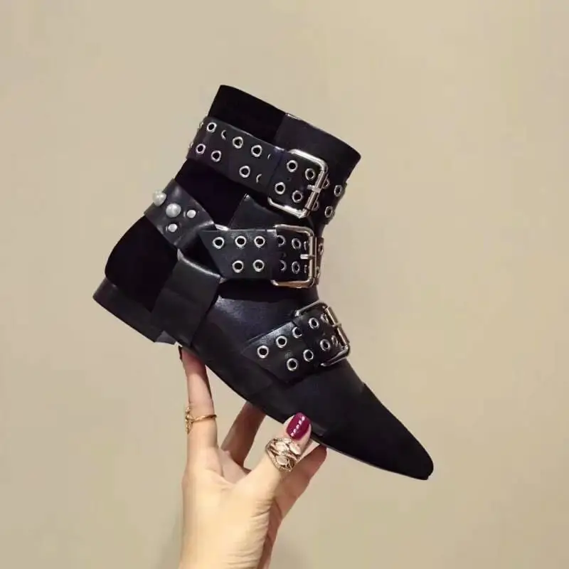 

2017 fall eyelet Rolling leather and suede ankle boots punk studded buckled straps ankle boots low heel pointed toe women boots