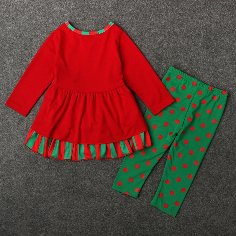 Детская одежда для рождества Демисезонный девочек длинные рукава Санта Туту кофты+ в горошек леггинсы-пижамы комплекты 2 шт