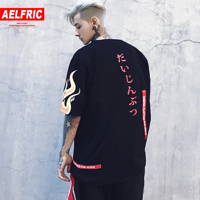 

AELFRIC Hip Hop T Shirt Fashion Men Women Harajuku Flame Print Ribbon Short Sleeve Cotton Tee Shirt Casual Streetwear Tops GB21