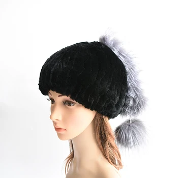 

Women winter Rex rabbit hat real knitted silver fox fur caps female russian warm beanies hat new women's fur hat