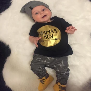 

Baby Boy Clothing Sets Newborn Toddler Casual T-Shirt + Pants Outfits Set Gold Mamas Boy Printed Infant Baby Girl Clothes