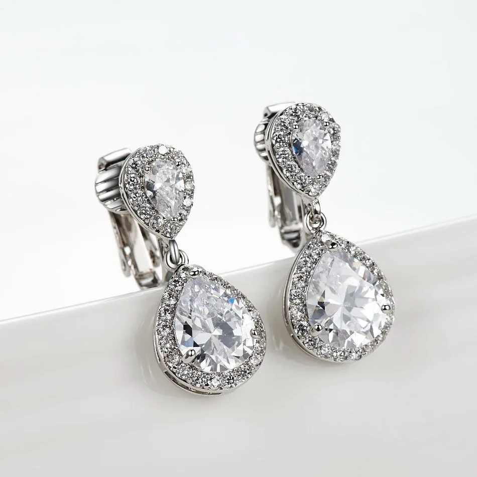 Clip On Drop Earrings For Women Rhodium Plated Double Waterdrop Cz Clip On Drop Earrings For Women Rhodium Plated Double Waterdrop Cz Diamond Brincos Daily 26mm Bridal Dangle Earings Dae 0004 R In From Jewelry