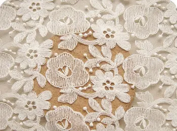 

ivory lace fabric, tulle embroidered lace fabric with retro floral, 10 yards