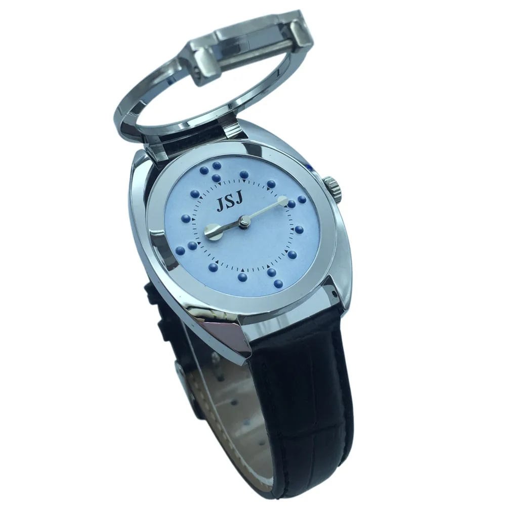 Тактильные наручные часы с синим лицом, кожаным ремешком