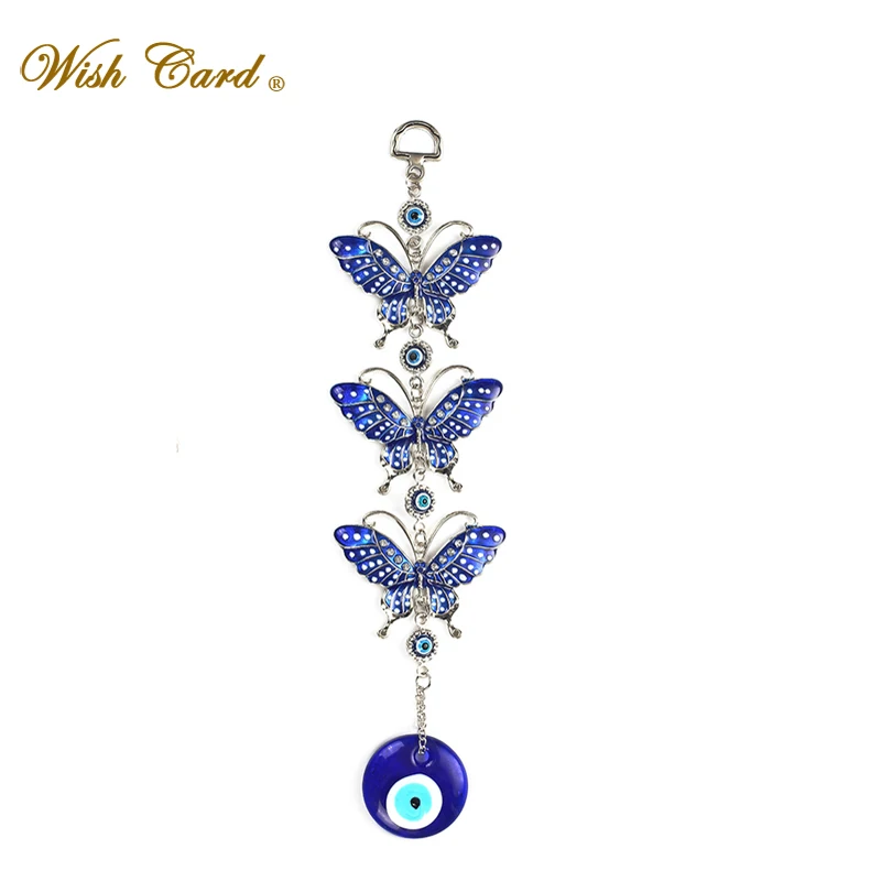 Wish Card Three Blue Butterfly Turkish Lucky Eyes Pandant Long Keychain Couples Valentines Day Gift Jewelry Key Chain EY5045 | Украшения и
