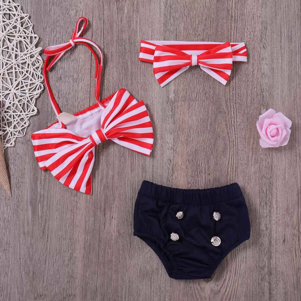 

3 Pcs Girl Bikini Set + Headband Bowknot Swimsuit Striped Halter Swimwear Kids Bathing Suit YH-17