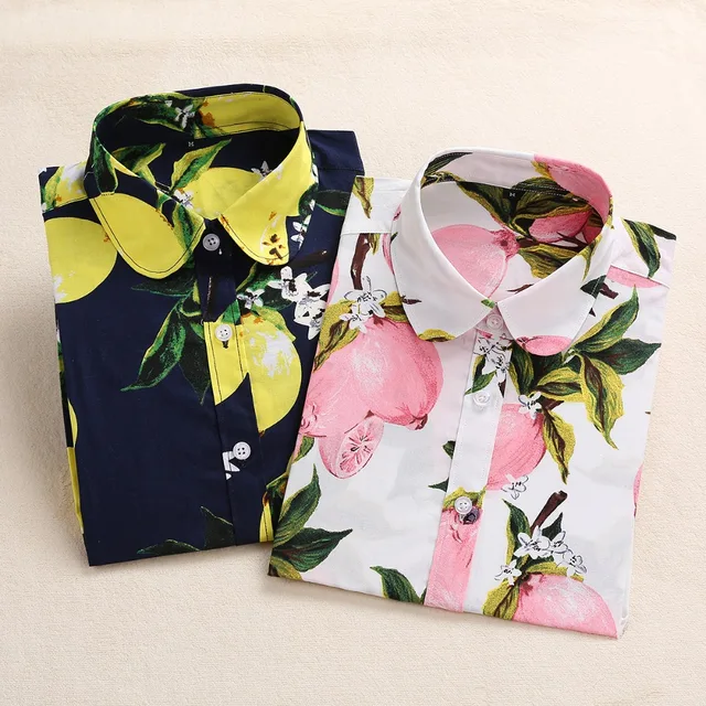 US $7.26 2020 Summer Cotton Women Blouses Fruit Print Shirts Long Sleeve Women Shirt Turn Down Collar Bohemi