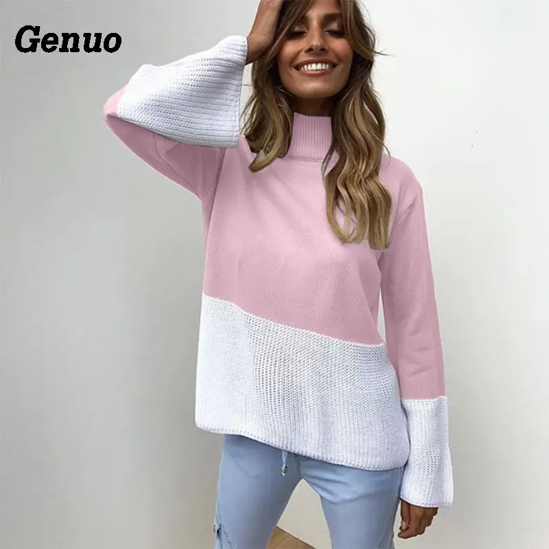 

Women Patchwork Color Block Pullover Sweaters 2018 Winter Autumn Turtleneck Loose Oversizd Knit Jumpers Fashion Colorblock Tops