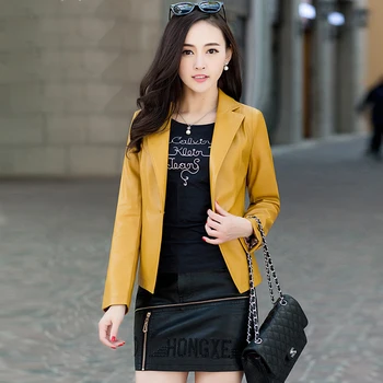 

New autumn and winter lady short fashion leather slim small jacket women notched full sleeve faux sheep skin leather jackets