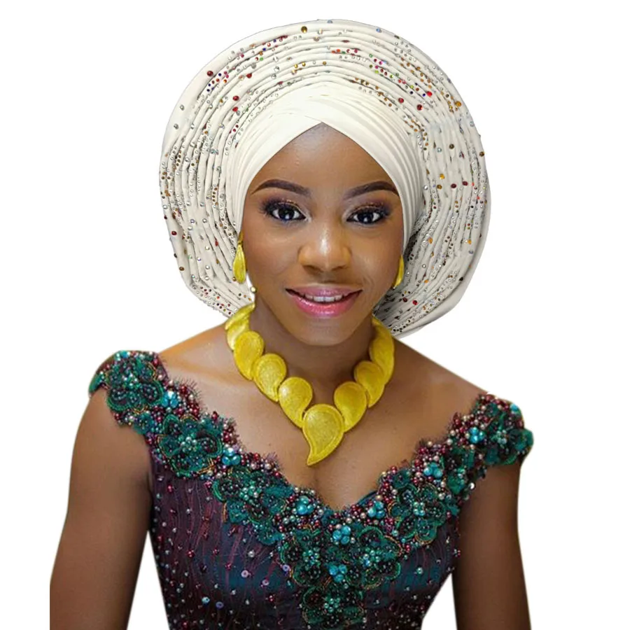 2018 New african aso oke cotton headtie nigerian gele headtie already made auto hele turban cap aso ebi big brim gele  (9)