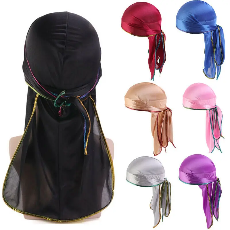Мужская атласная Шапка тюрбан Durags шелковая шапка шарф с длинным хвостом
