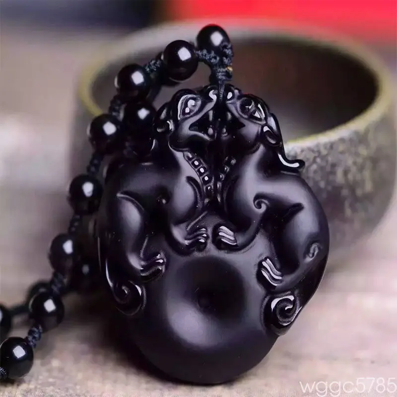 

free shipping 100% Natural obsidian hand carved pixiu lucky Amulet pendant + bead Necklace